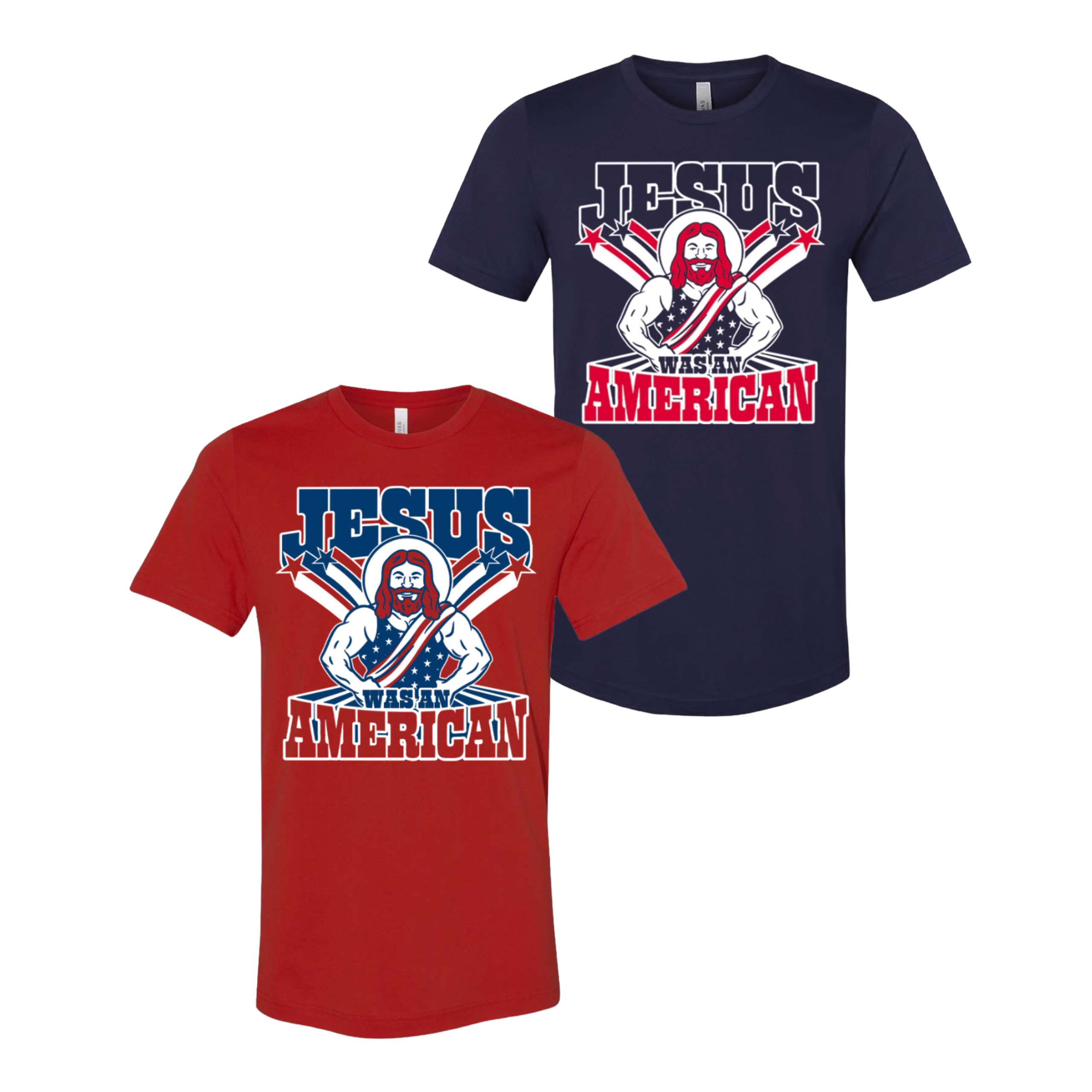 Jesus was an American tee in red and blue product shot RJO