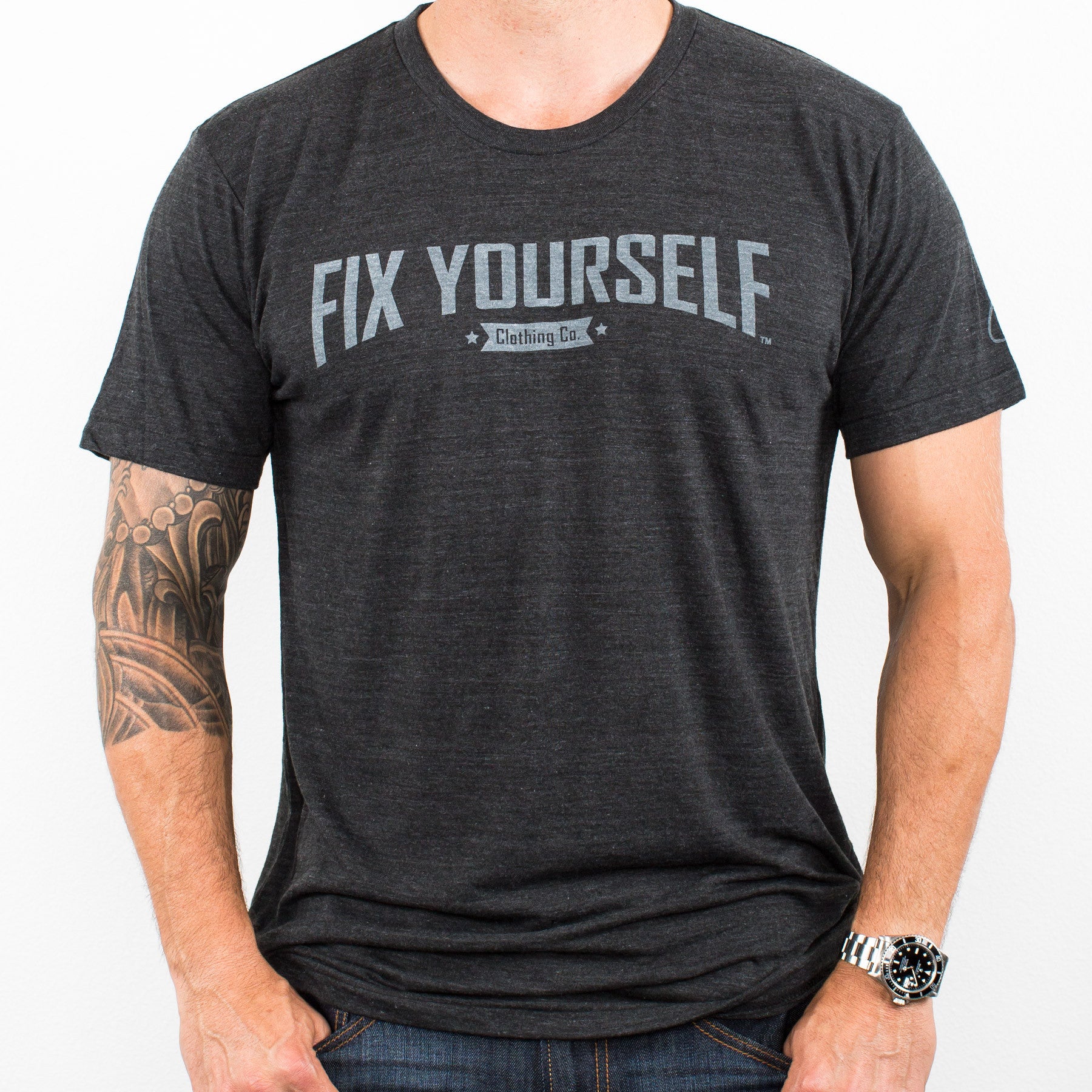Fix yourself logo mens charcoal tee RJO