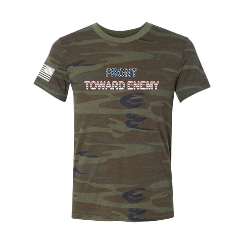 Front toward enemy flag texts camo tee front RJO