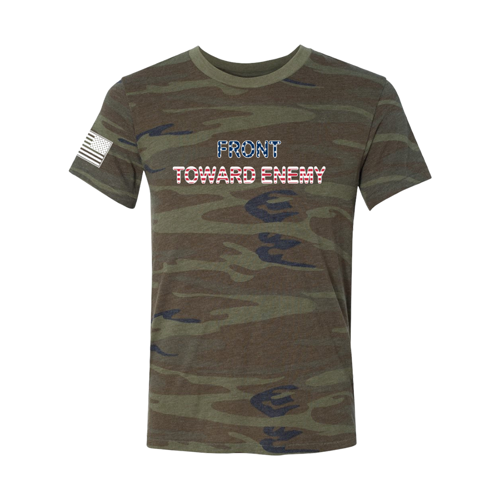 Front toward enemy flag texts camo tee front RJO