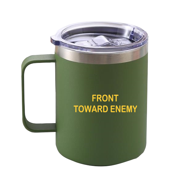 Front toward enemy green travel coffee mug RJO