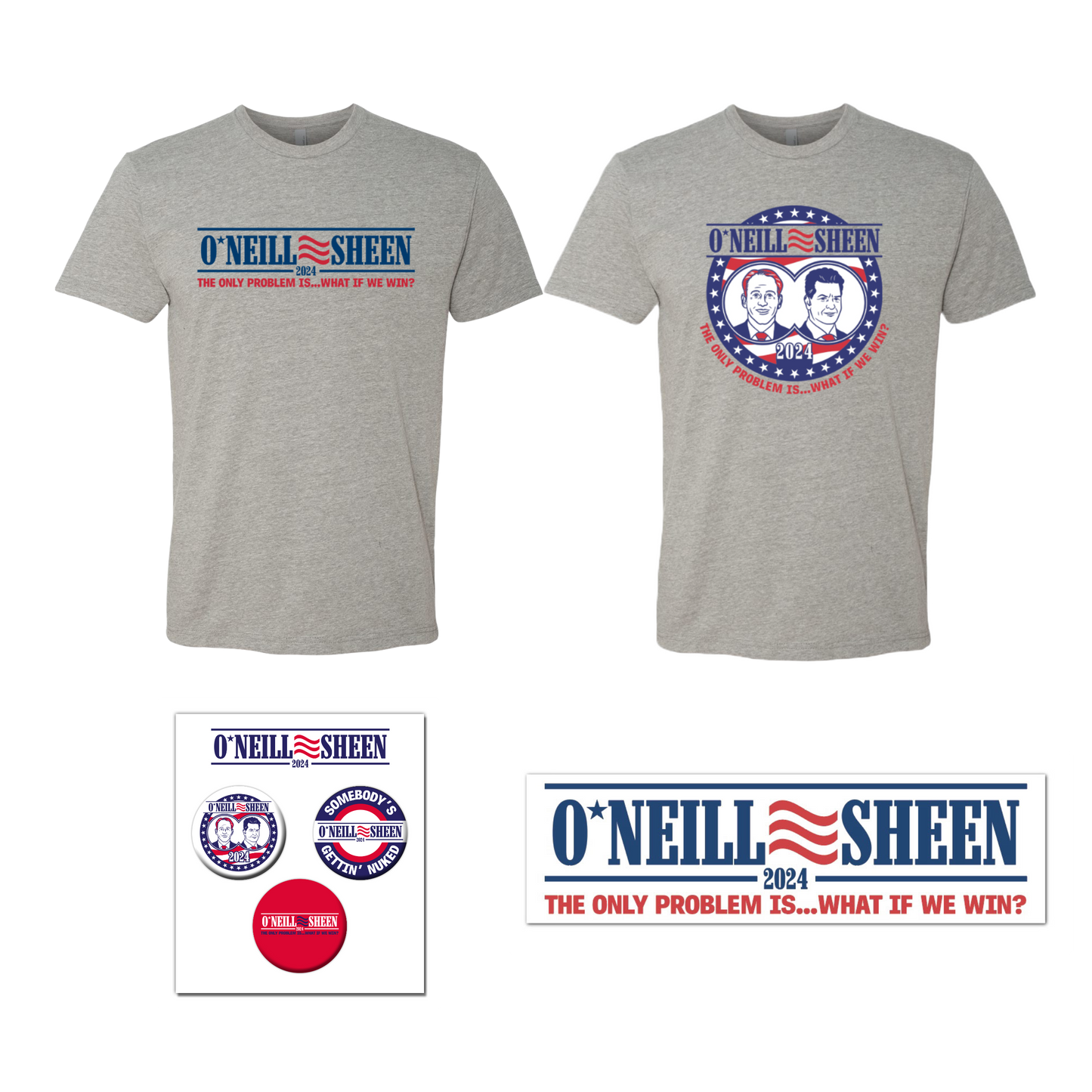 O'Neill / Sheen campaign bundle with 2 tees, button pack, and bumper sticker RJO