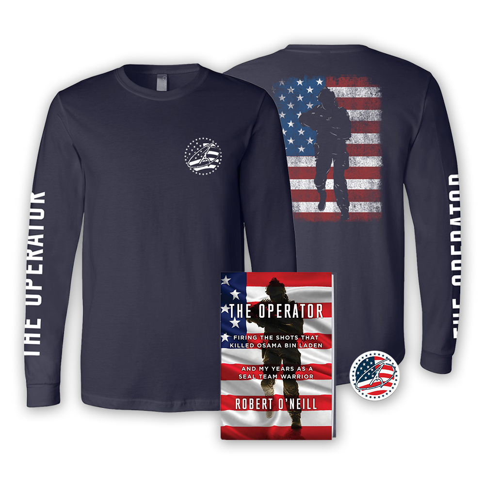 The Operator book, sticker, and navy long sleeve tee bundle RJO