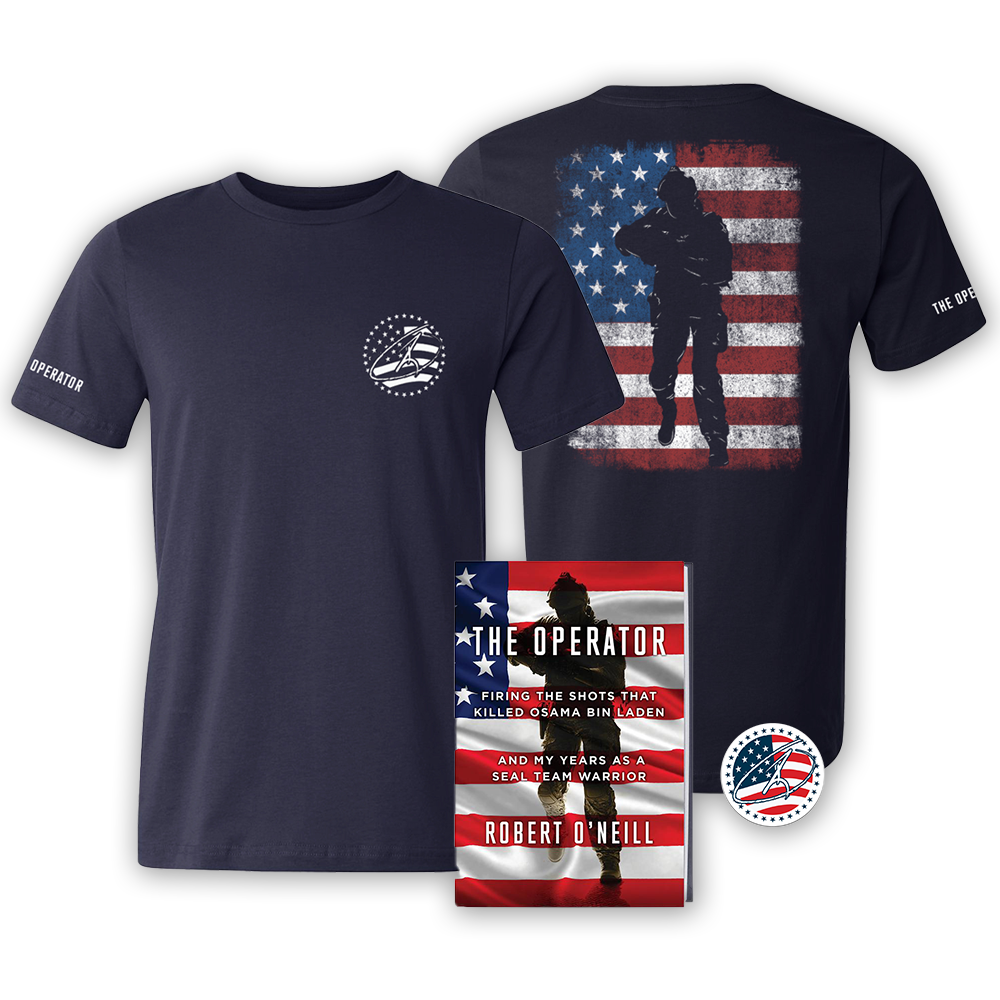 The Operator book, sticker, and navy shirt sleeve tee bundle RJO